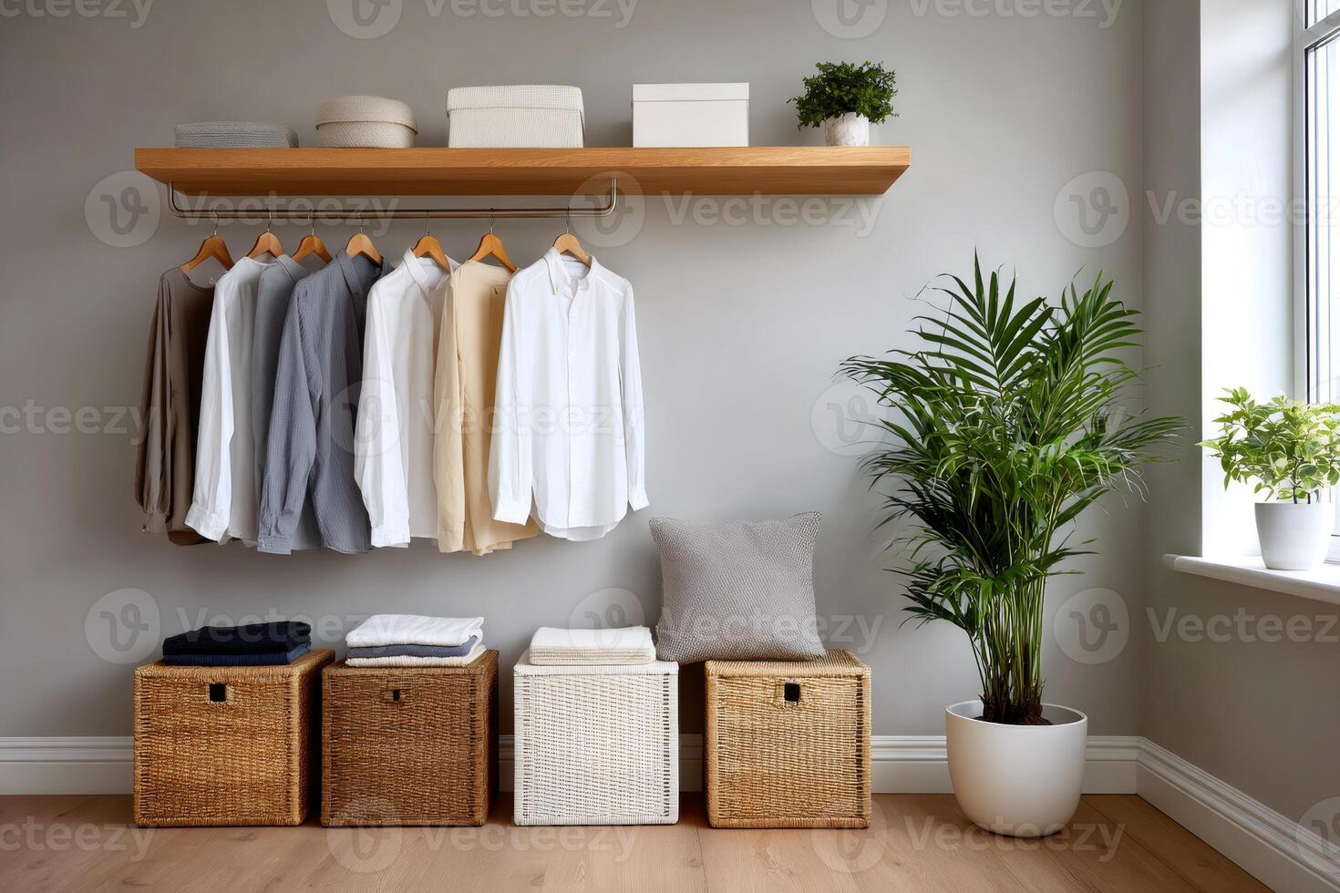 Modern minimalist walk-in closet with hanging shirts and wicker baskets enhancing home organization photo