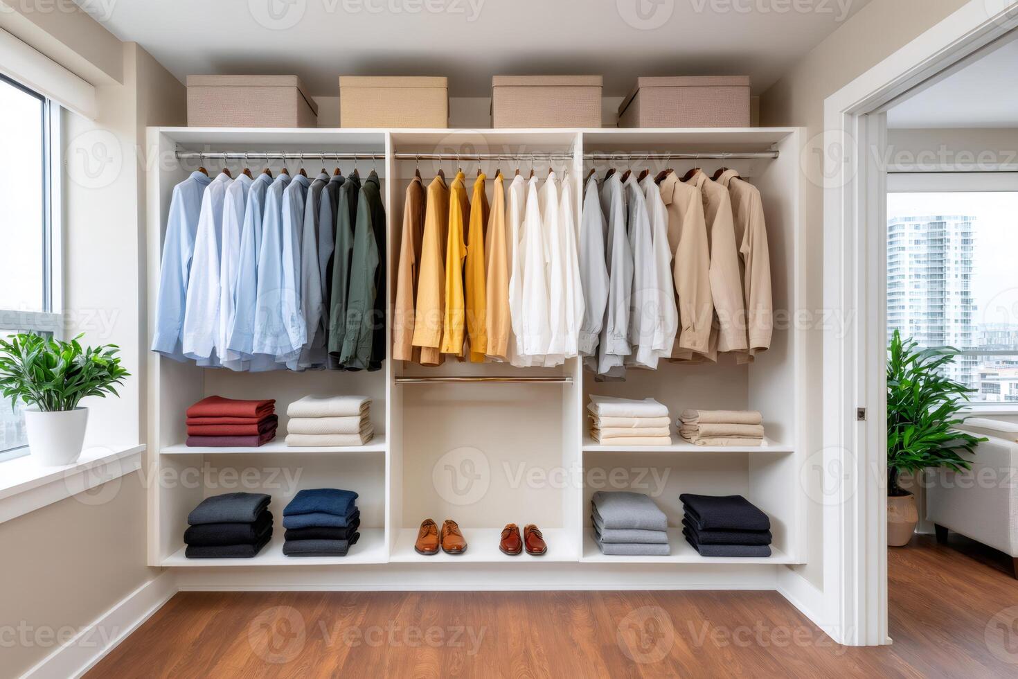 Modern walk-in closet organizing clothes and shoes with storage boxes photo
