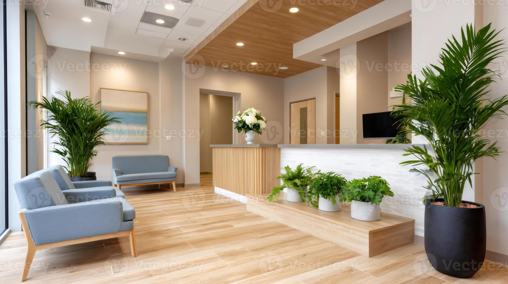 Modern office lobby interior design featuring stylish waiting area and reception desk photo