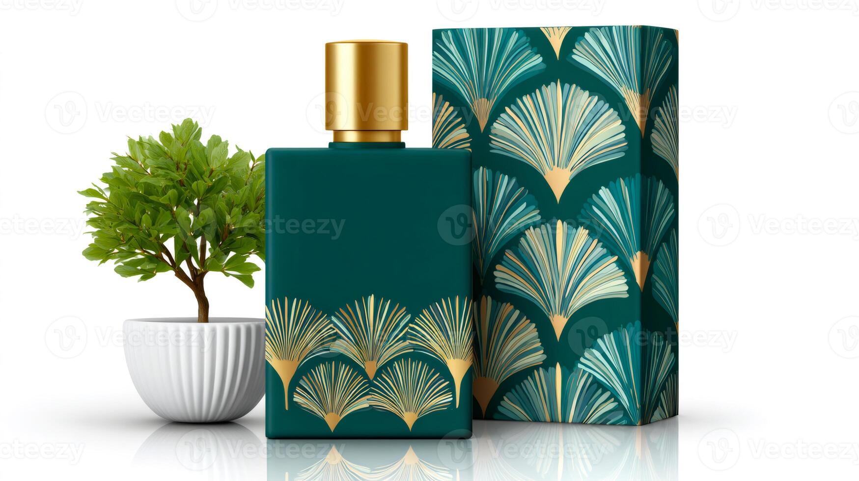Green and gold perfume bottle and box with ginkgo biloba leaf pattern near a bonsai tree photo