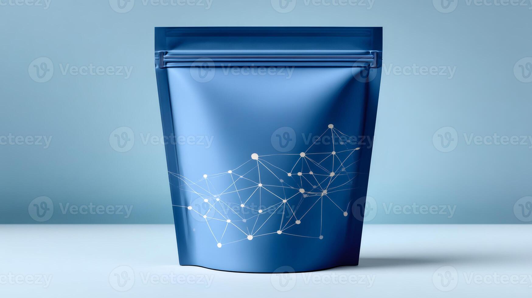 Blue doypack packaging with zipper and molecular pattern standing on light blue background photo