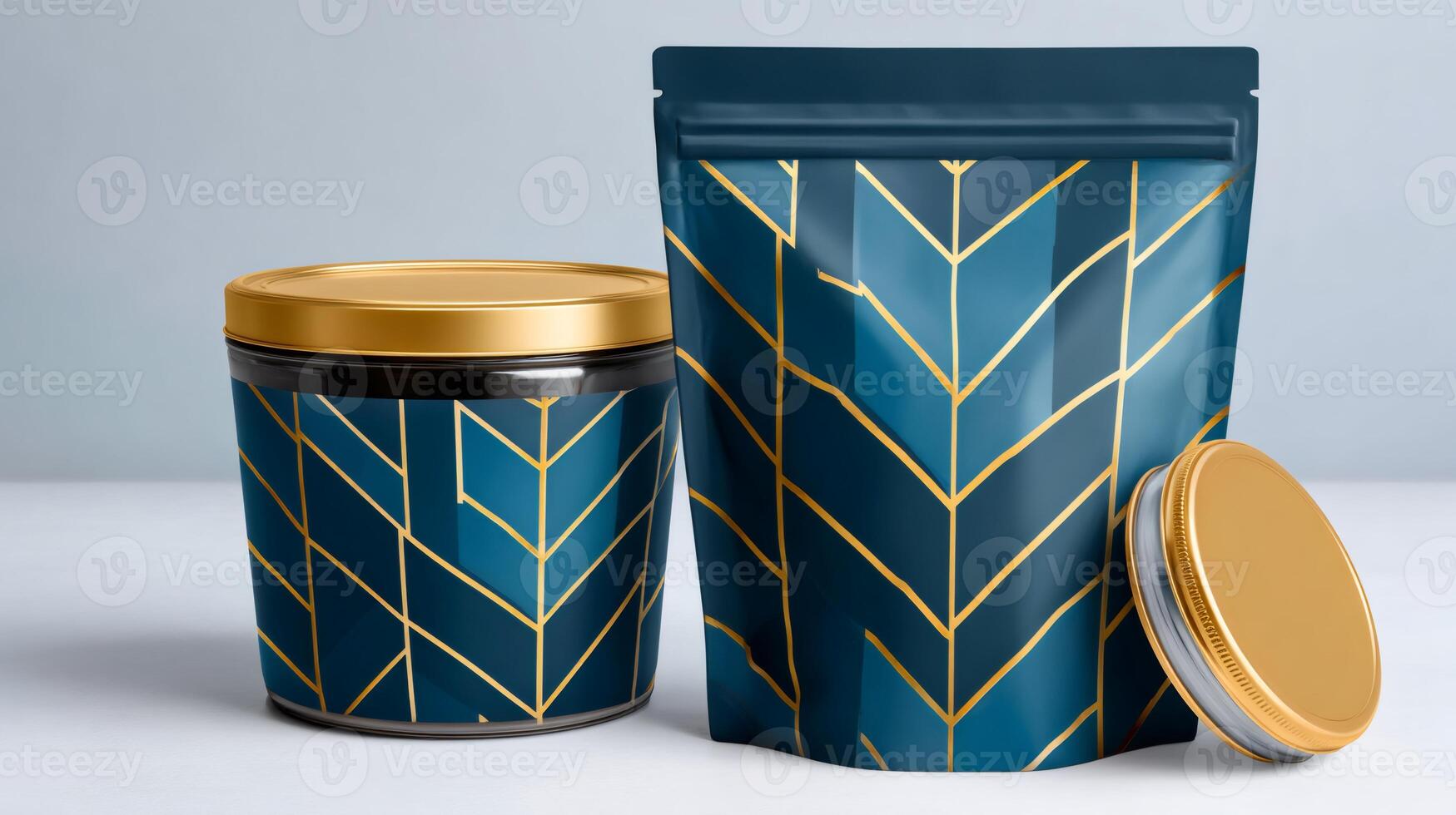 Premium packaging mockup showcasing a glass jar, pouch and metal lid with a luxurious geometric pattern photo