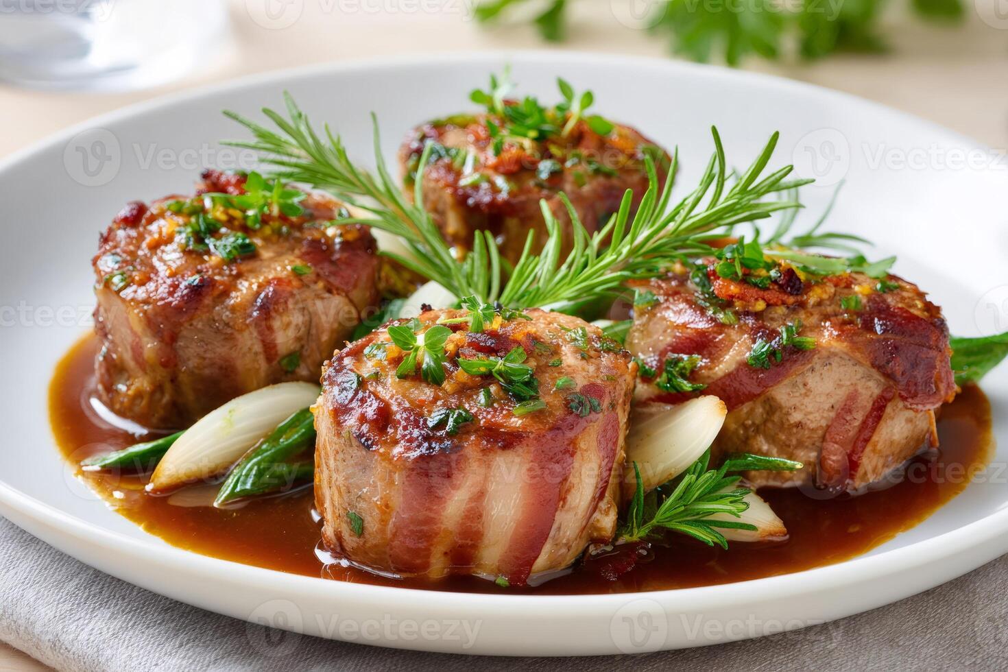 Delicious pork tenderloin wrapped in bacon, lying on white plate photo