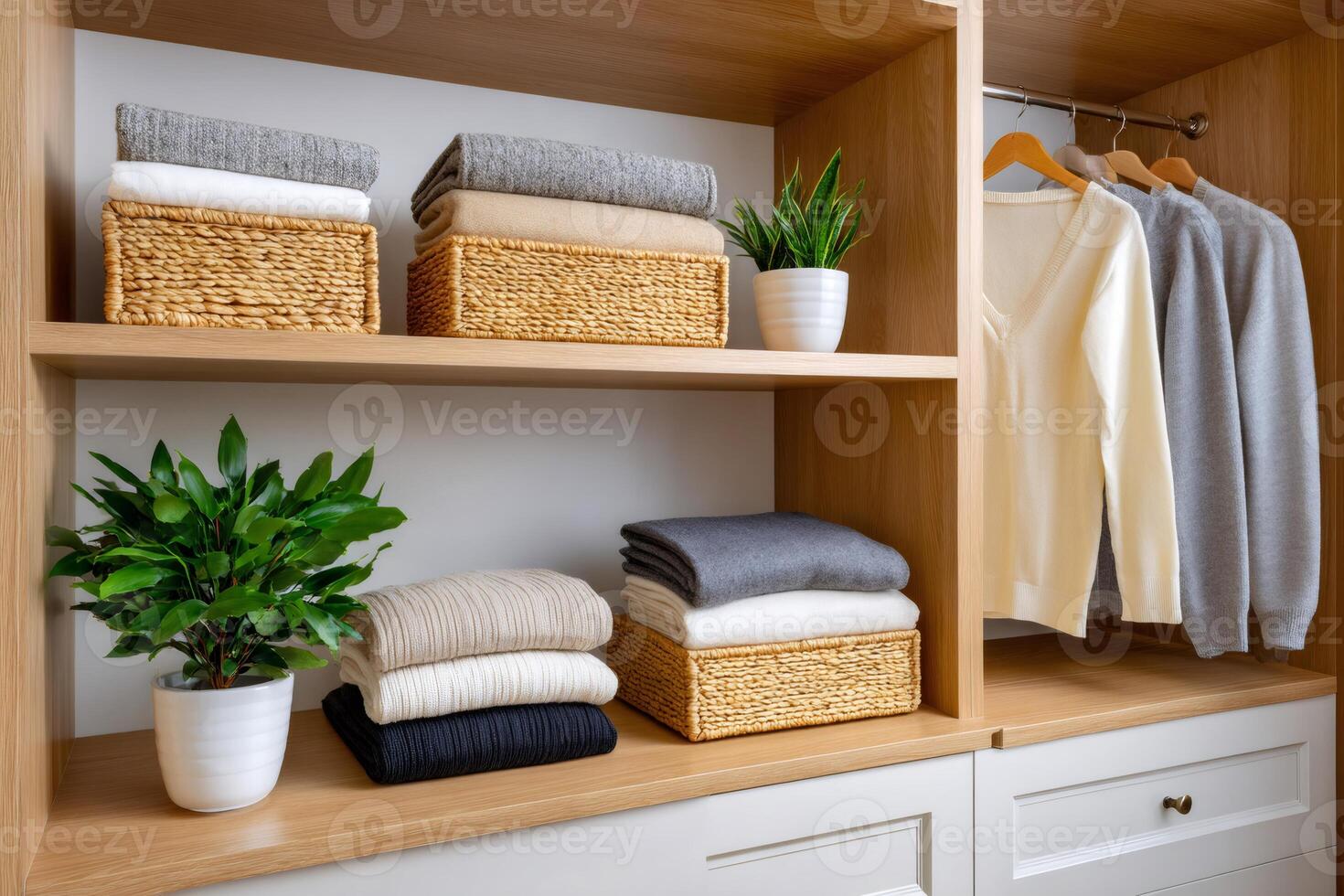 Modern wardrobe with folded clothes and hanging sweaters organizing home space photo