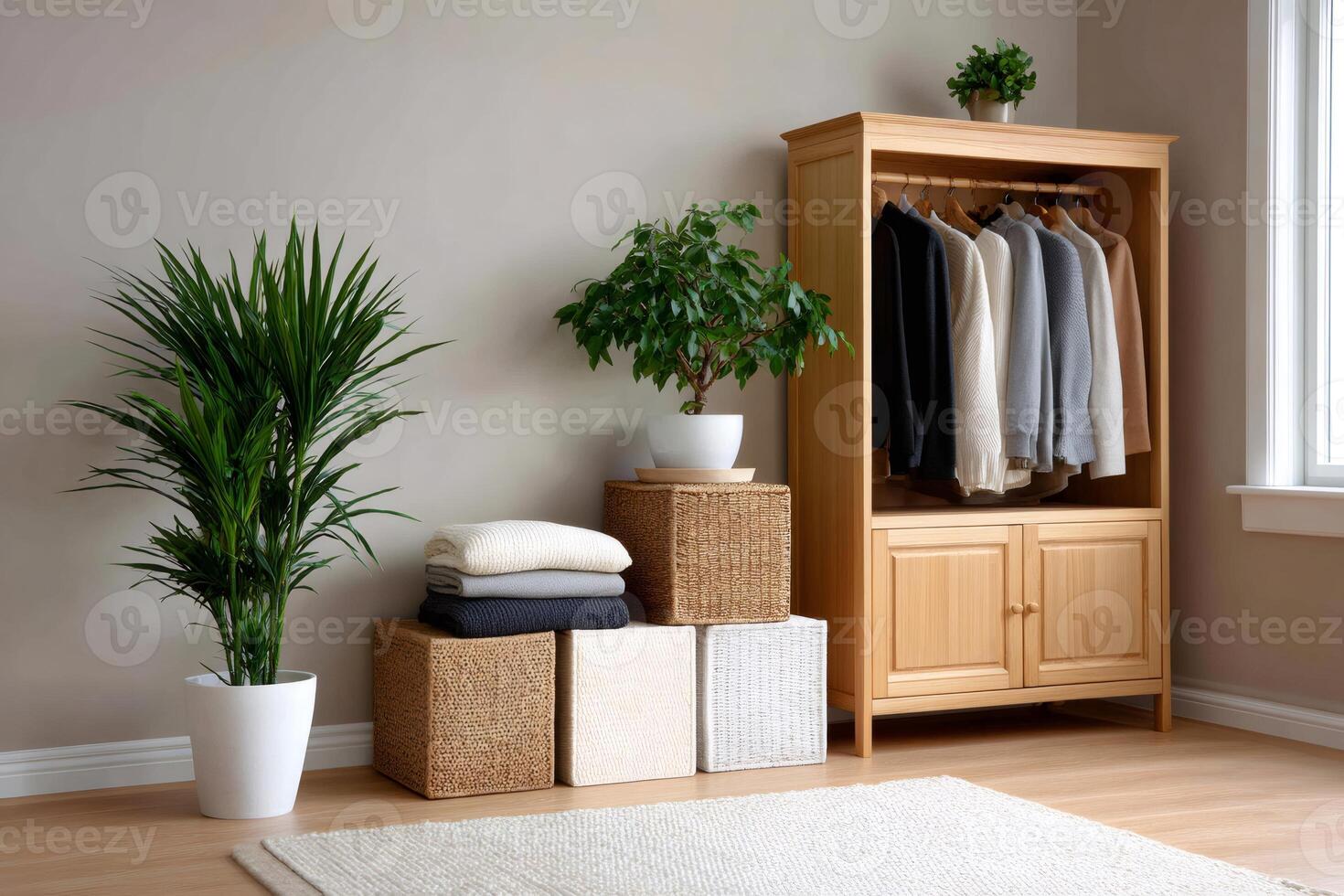 Modern and Minimalist Bedroom Interior Design with Wooden Wardrobe and Plants photo