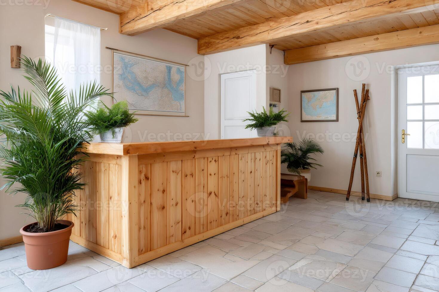 Wooden reception desk with plants and maps in a cozy hotel lobby photo