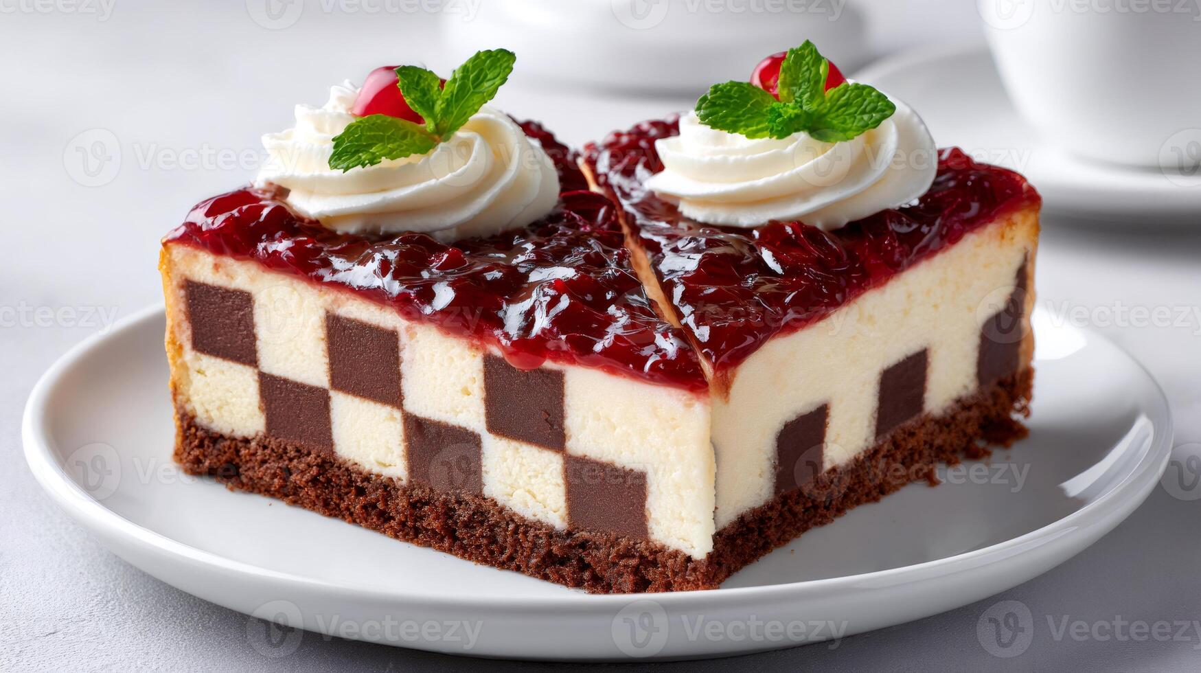 Checkerboard cheesecake with cherry topping and whipped cream is waiting on white plate photo