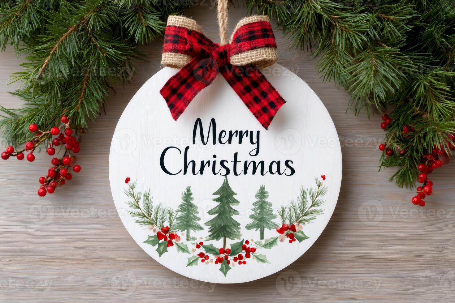 Christmas ornament hanging from a christmas tree branch wishing merry christmas photo
