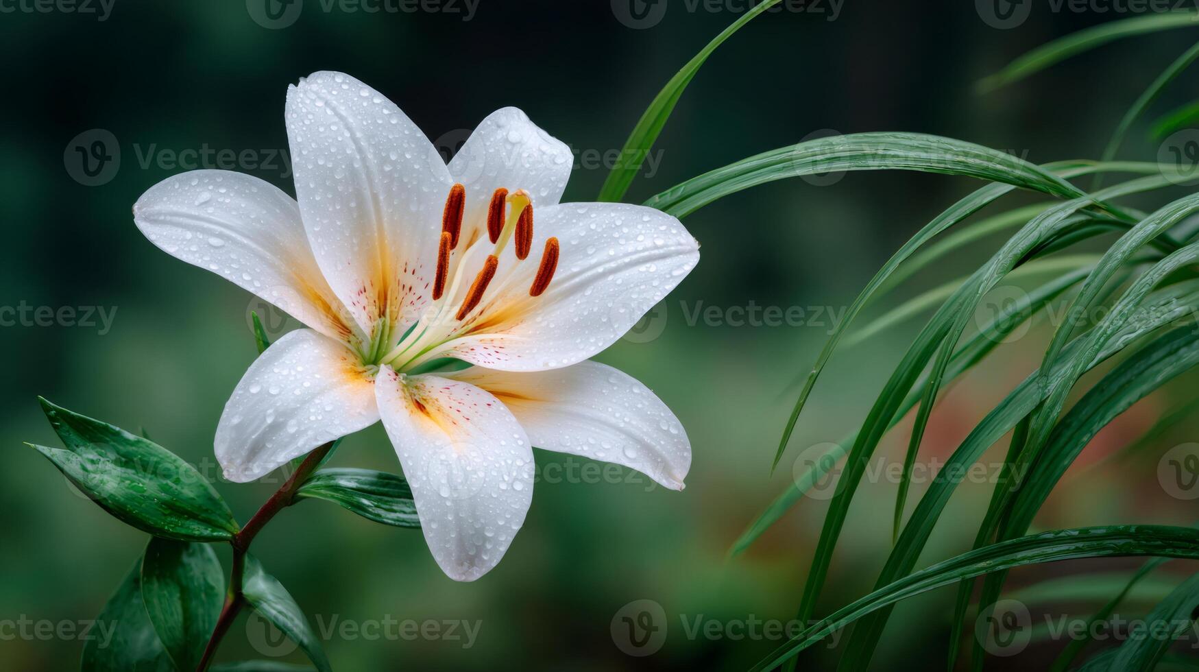 White lily flower with water drops growing in a garden photo
