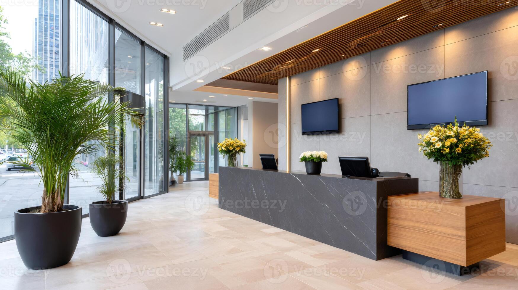 Modern hotel lobby interior with reception desk, tv screens and potted plants photo