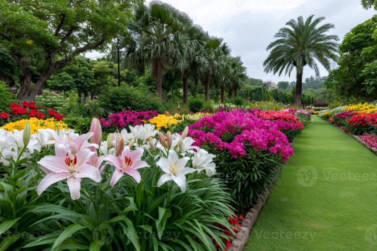 Lilies and colorful flowers growing in a botanical garden photo