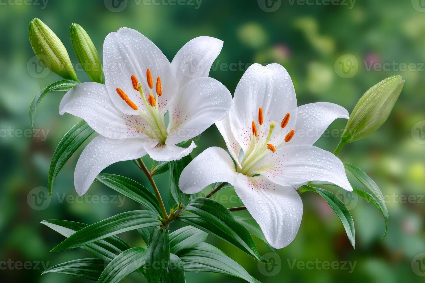 Two white lilies blooming in spring with water drops photo