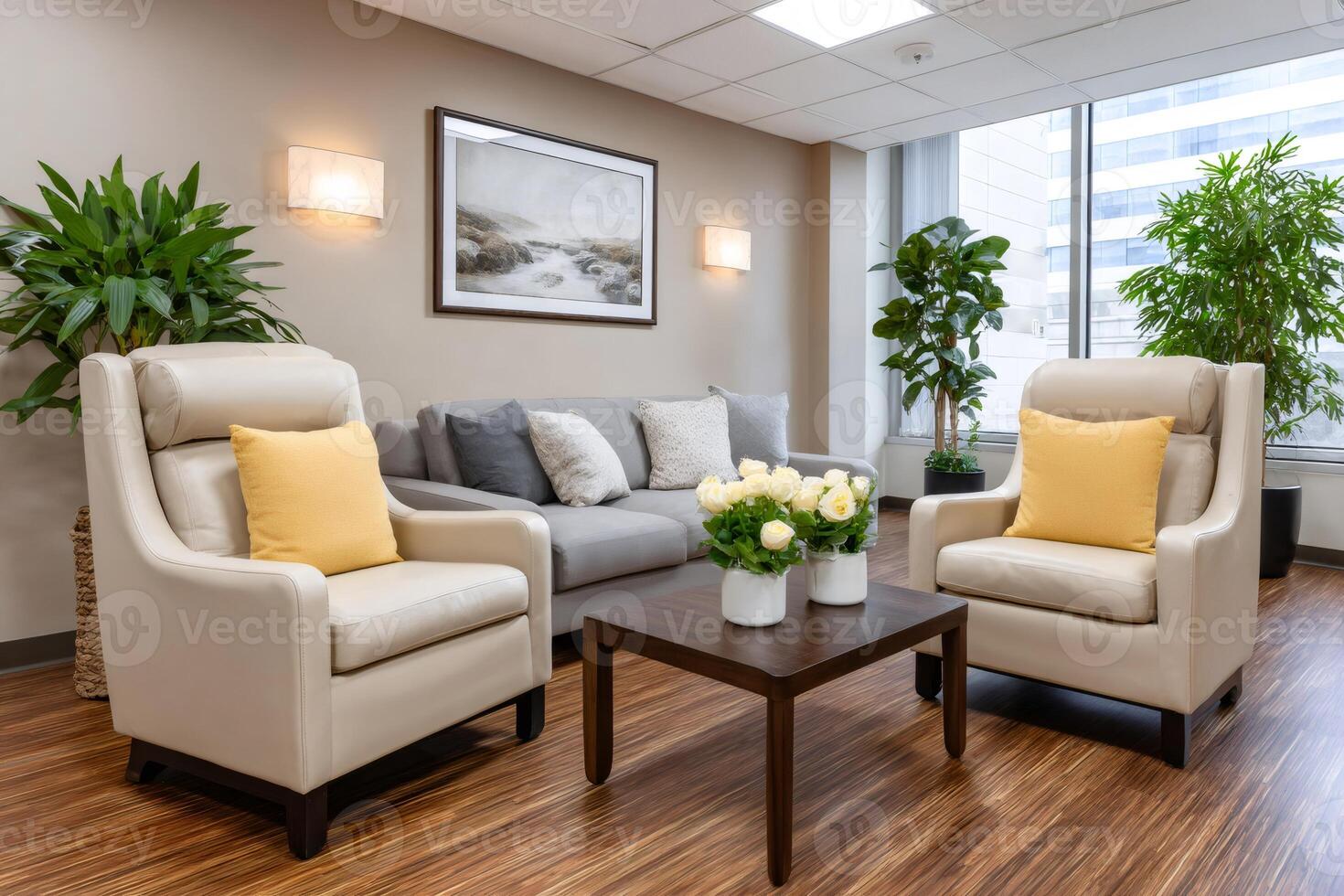 Modern waiting room with comfortable seating and natural light illuminating the space photo