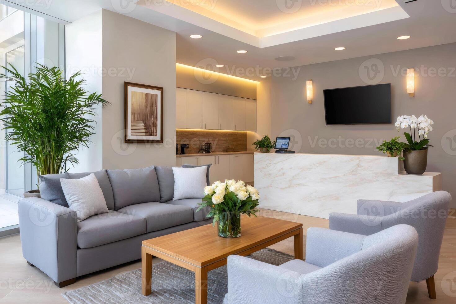 Modern office lobby waiting area featuring comfortable seating and a reception desk photo