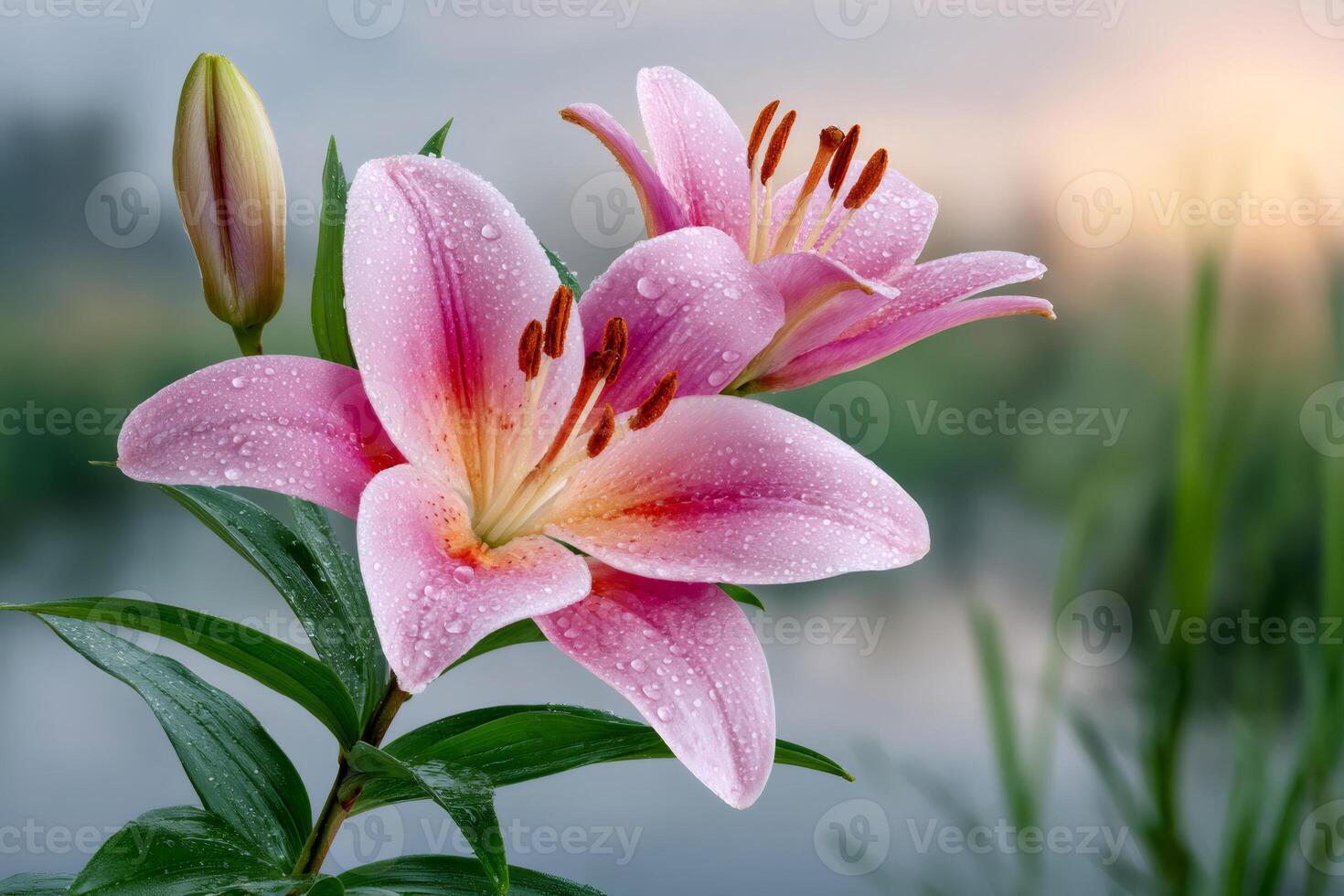 Pink lilies blooming in a garden with dewdrops photo