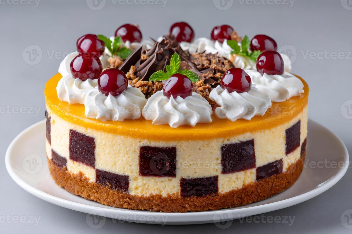 Delicious cheesecake with cherries, whipped cream and chocolate topping sitting on white plate photo