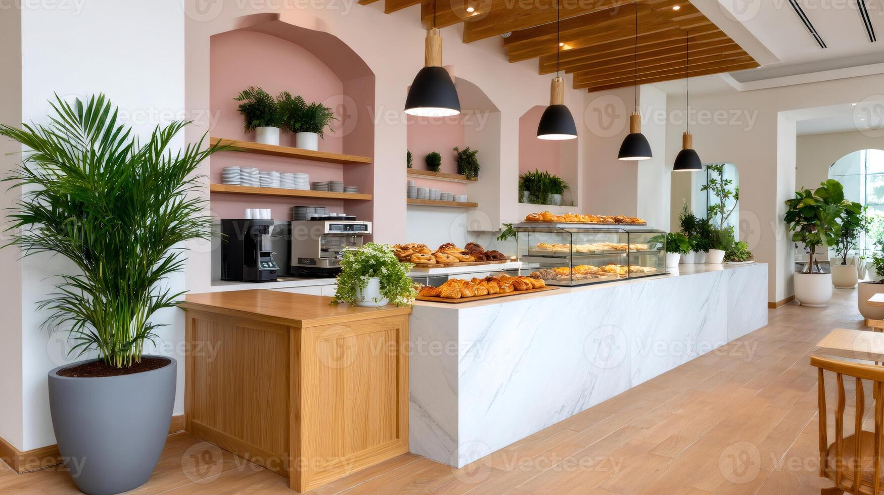 Modern coffee shop interior design with pastries and plants photo