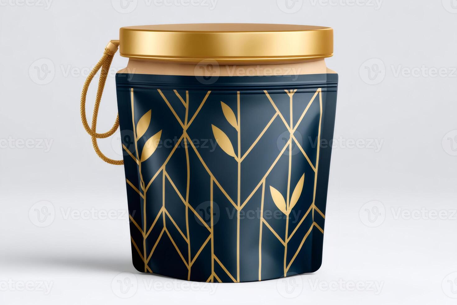 Doypack pouch with golden lid and elegant geometric pattern standing on white background photo