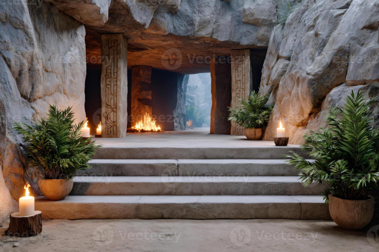 Burning fire illuminating ancient cave entrance with carved pillars and candles photo