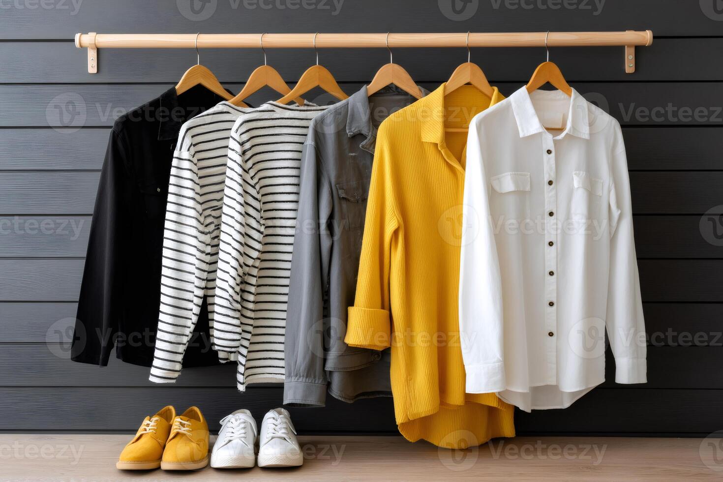 Casual clothes hanging on wooden hangers and shoes on floor against black wall photo