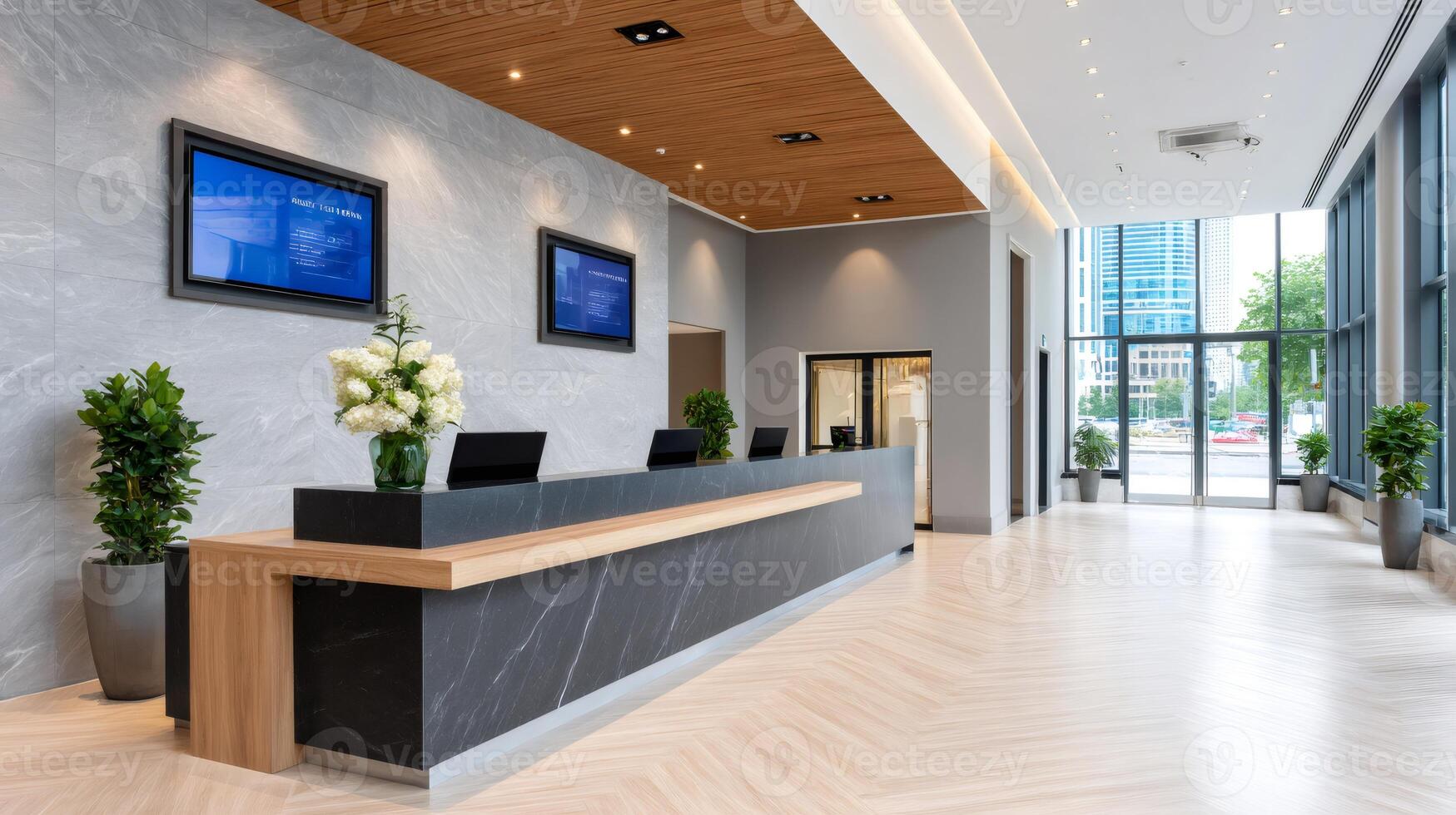 Modern hotel lobby with reception desk showing meeting rooms information photo