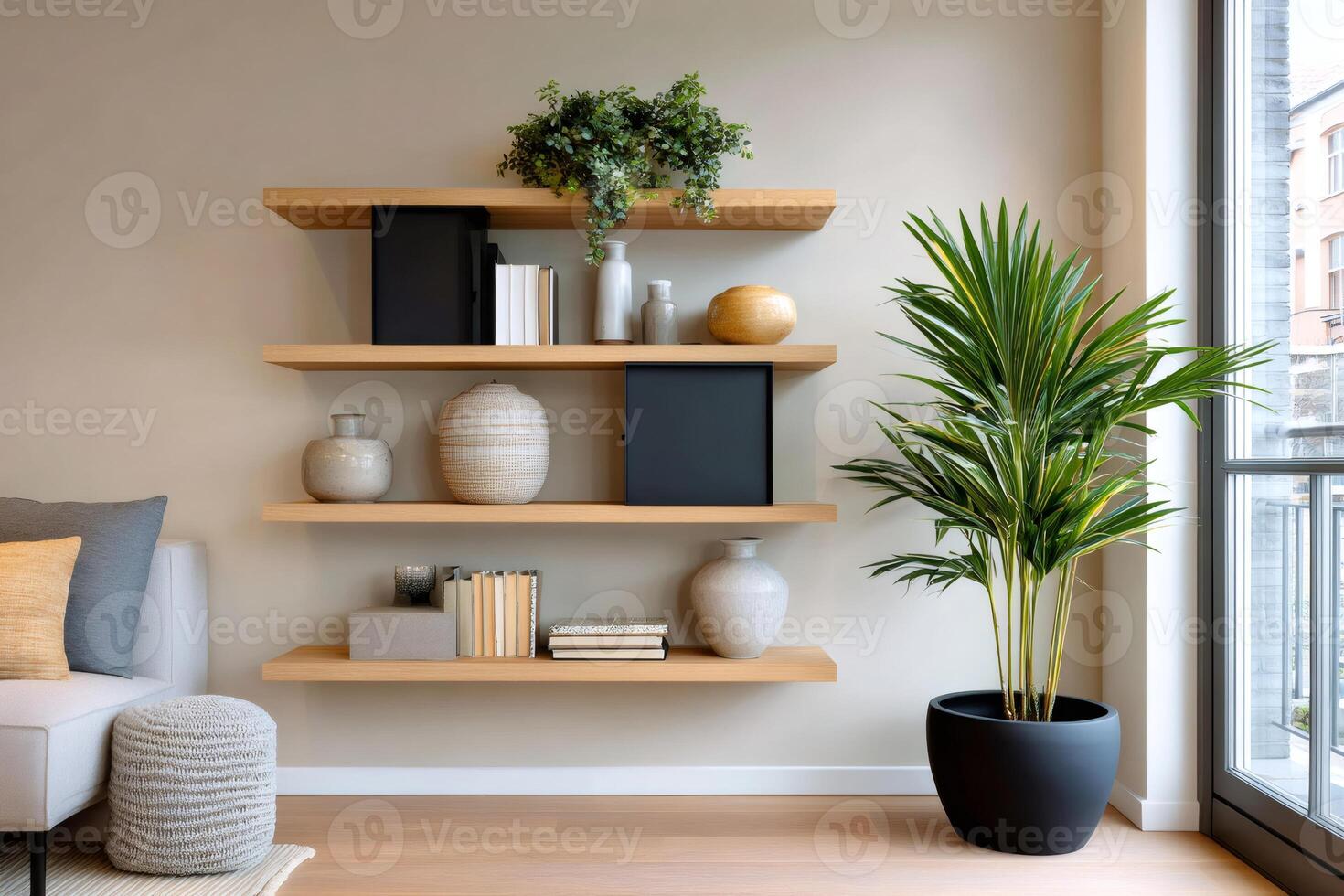 Modern living room with wooden shelves holding books and vases, featuring a large potted plant photo