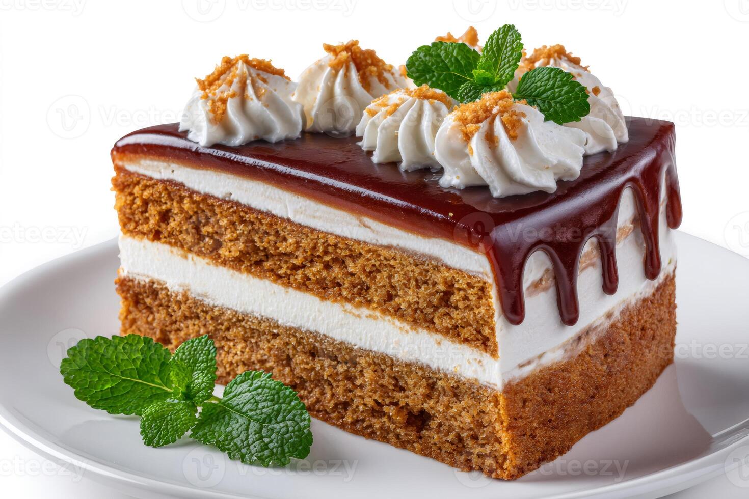 Delicious honey cake decorated with dripping caramel and whipped cream is served on white plate photo