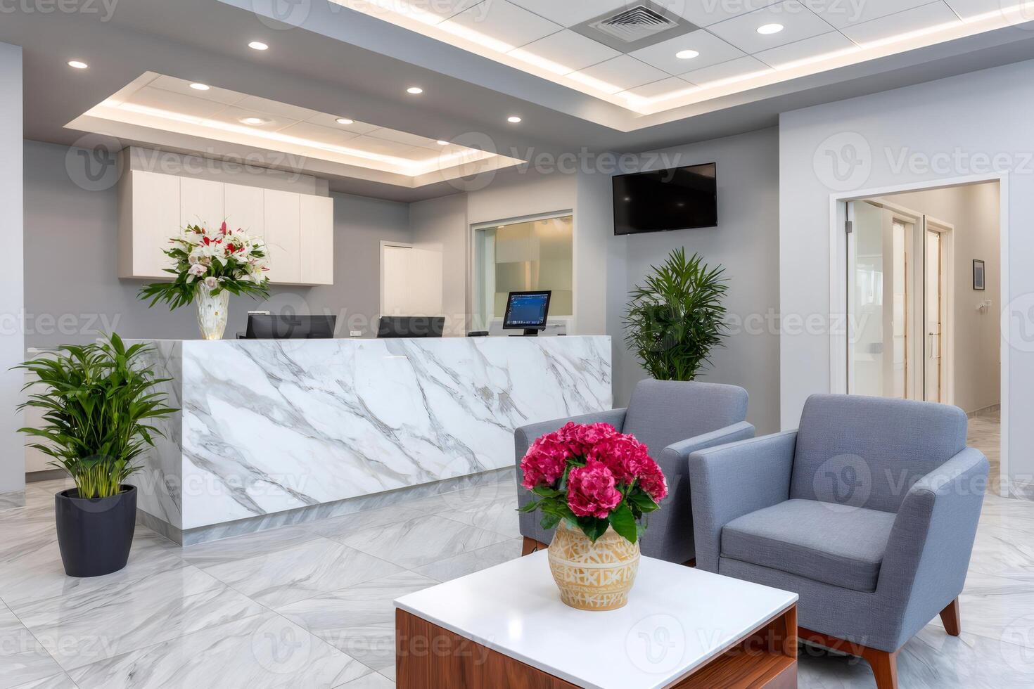 Modern medical clinic reception area with marble counter and comfortable seating photo