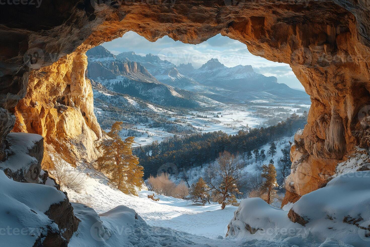 Snowy mountain valley viewed from inside a large rock cave photo