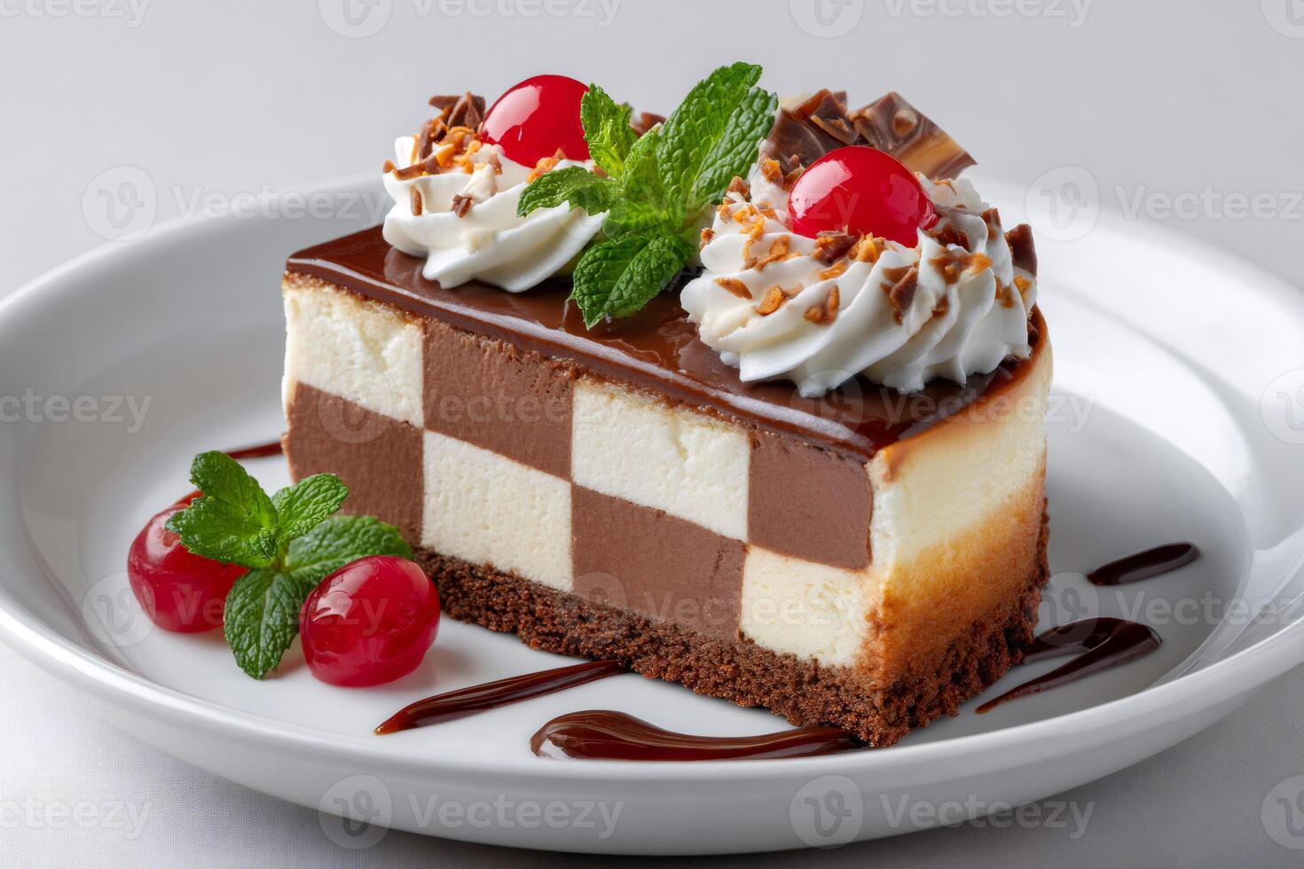 Checkerboard cake slice with chocolate glaze, whipped cream, cherries and mint on white plate photo
