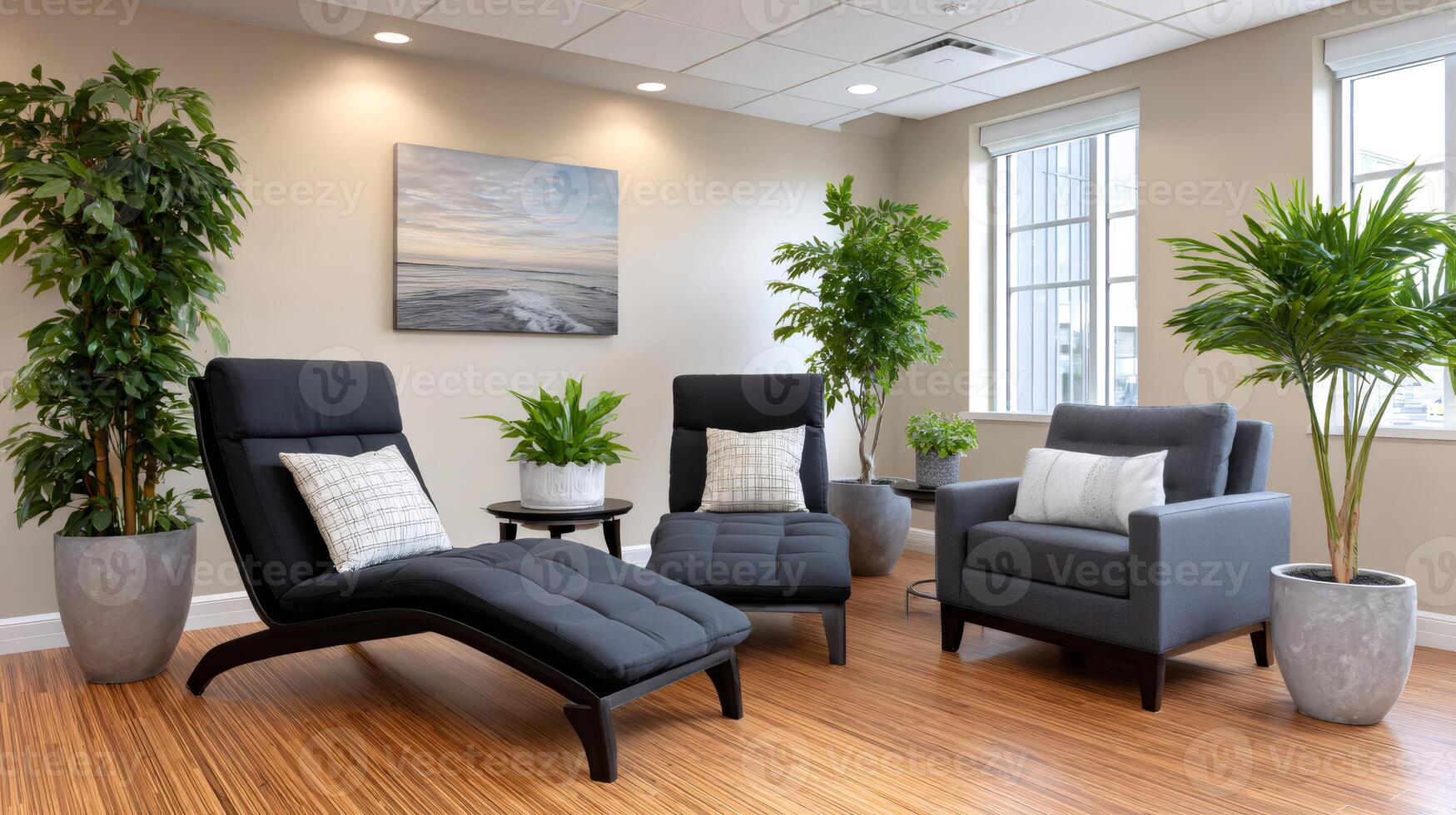 Modern waiting room with relaxing chairs and many plants creating a calm atmosphere photo