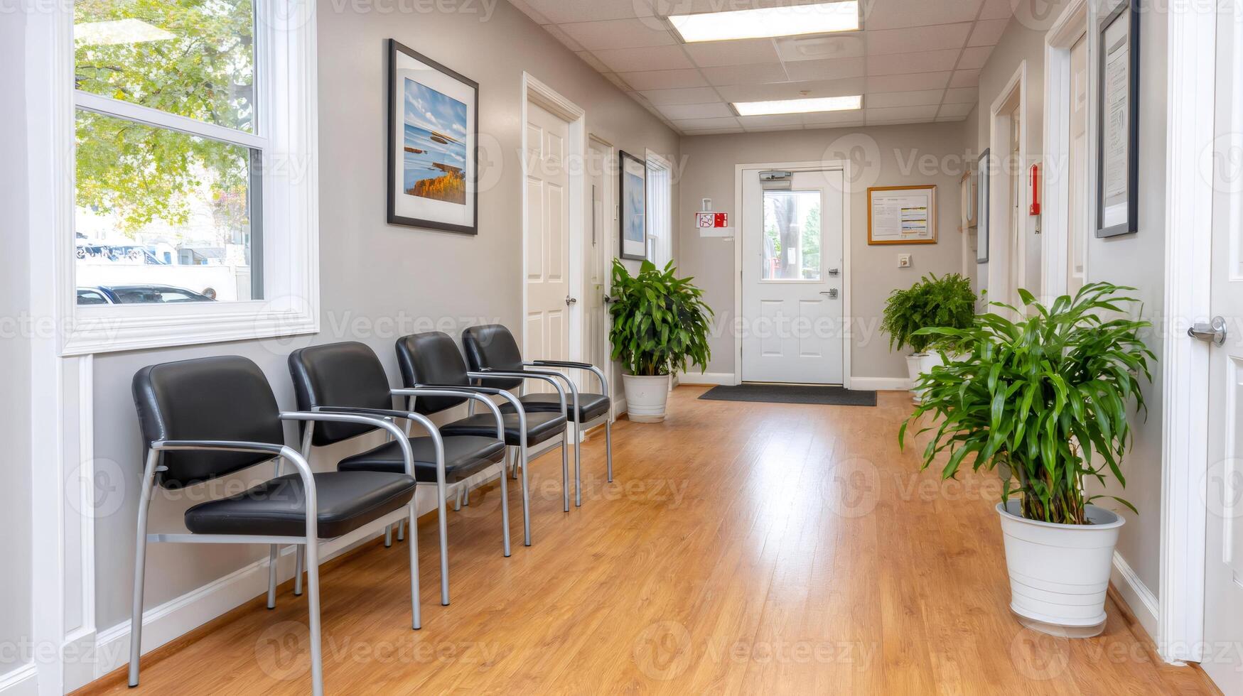 Empty waiting room with chairs and plants illuminating natural light photo