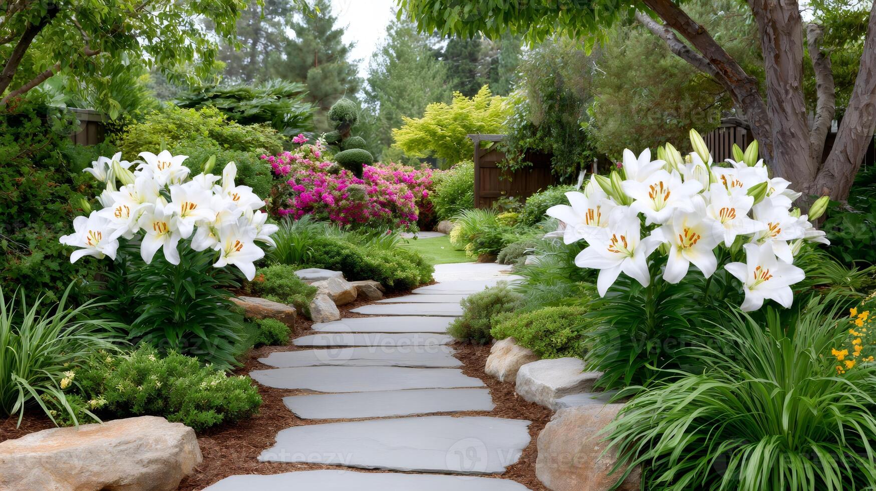 White lilies bordering a stone path winding through a lush garden. photo