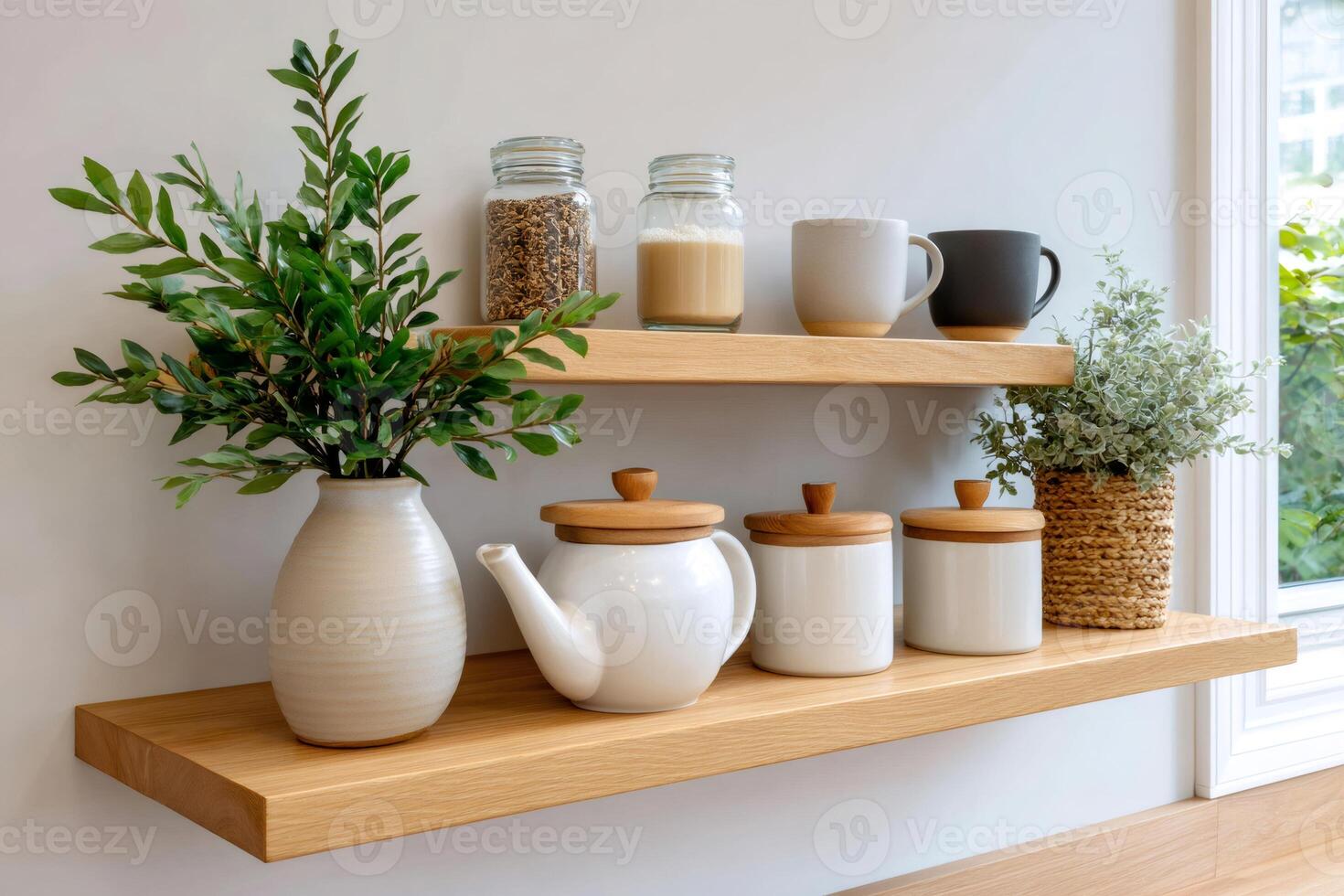 Kitchen wooden shelves displaying ceramic jars, teapot, mugs and plants decorating a modern kitchen photo