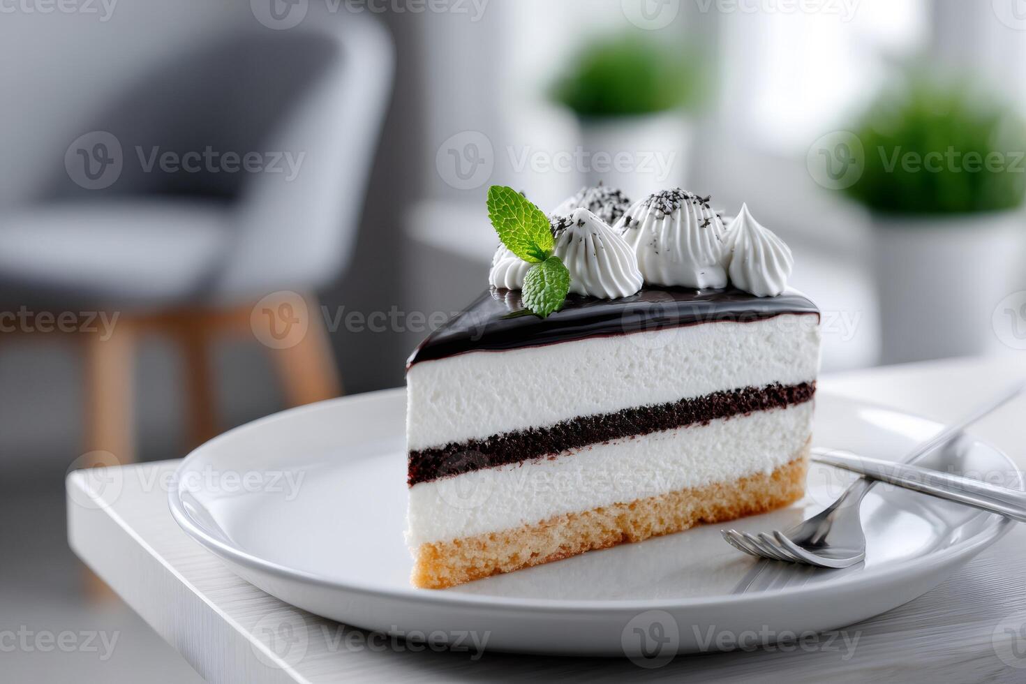 Delicious slice of cake with chocolate topping and whipped cream is waiting on white plate photo