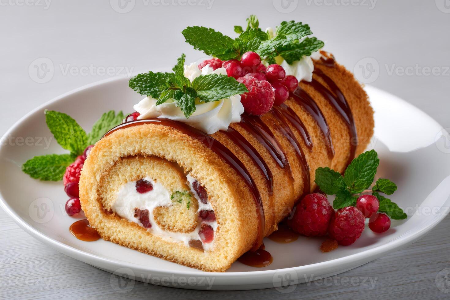 Swiss roll cake with whipped cream, caramel sauce, mint and berries decorating a white plate photo