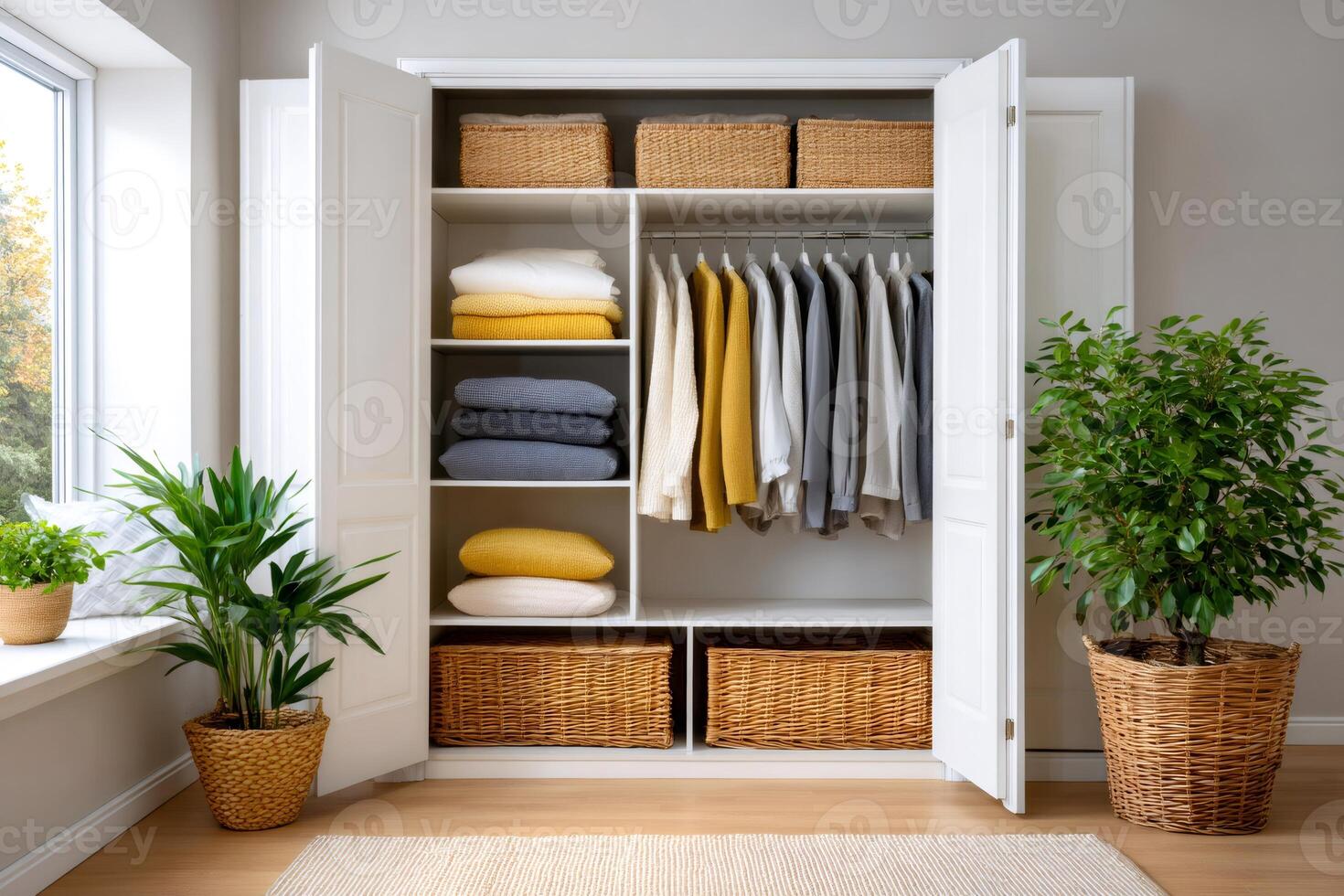 Open wardrobe revealing clothes and wicker baskets in modern apartment photo