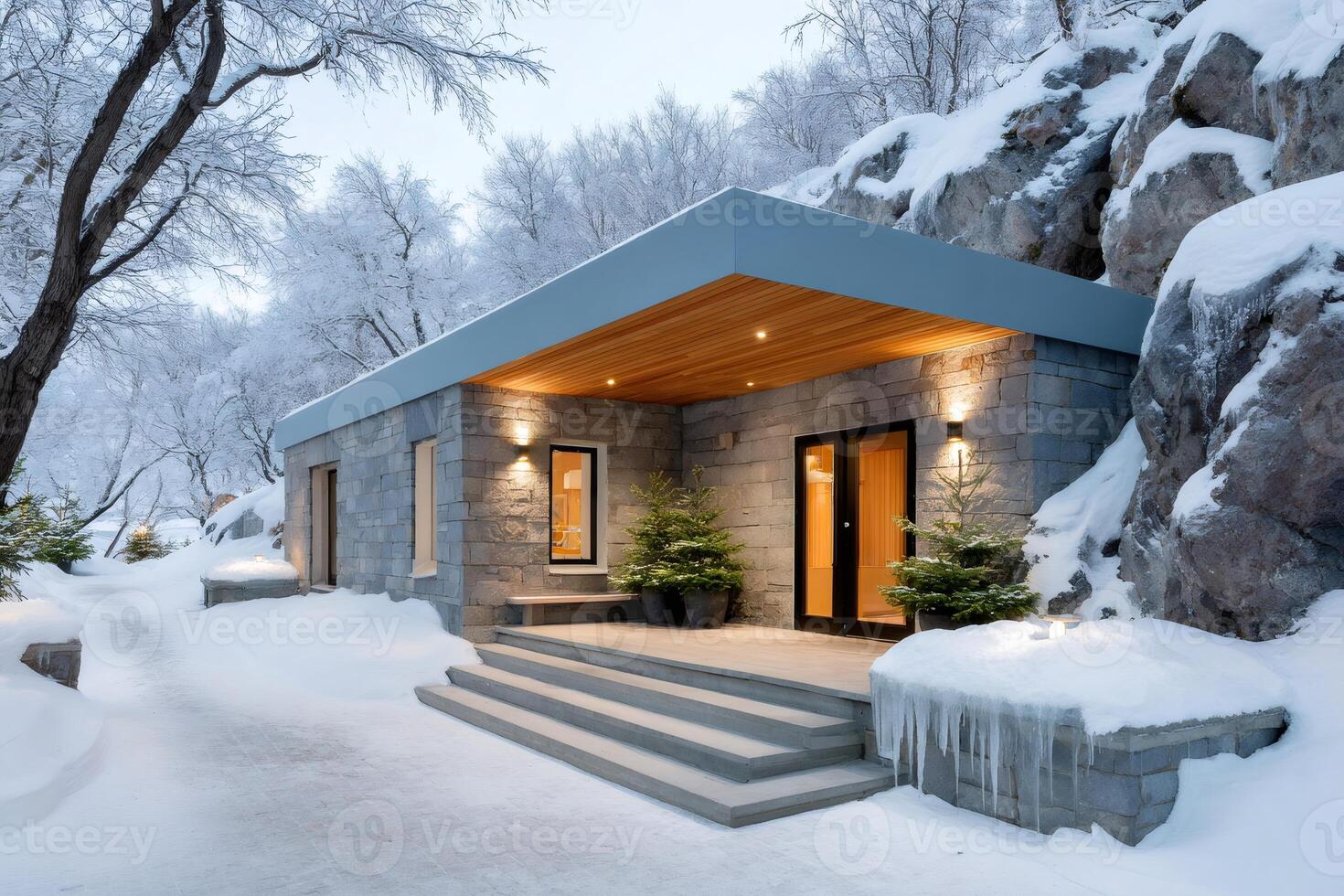 Modern stone house entrance with snow covered trees and rocks in winter photo