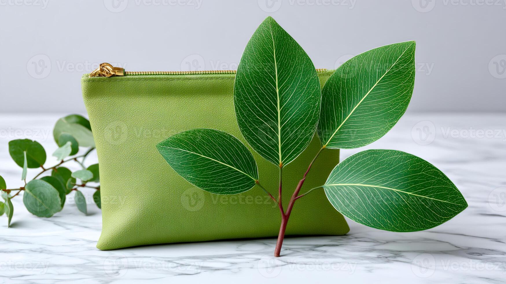 Green cosmetic bag with golden zipper and eucalyptus leaves on marble table photo