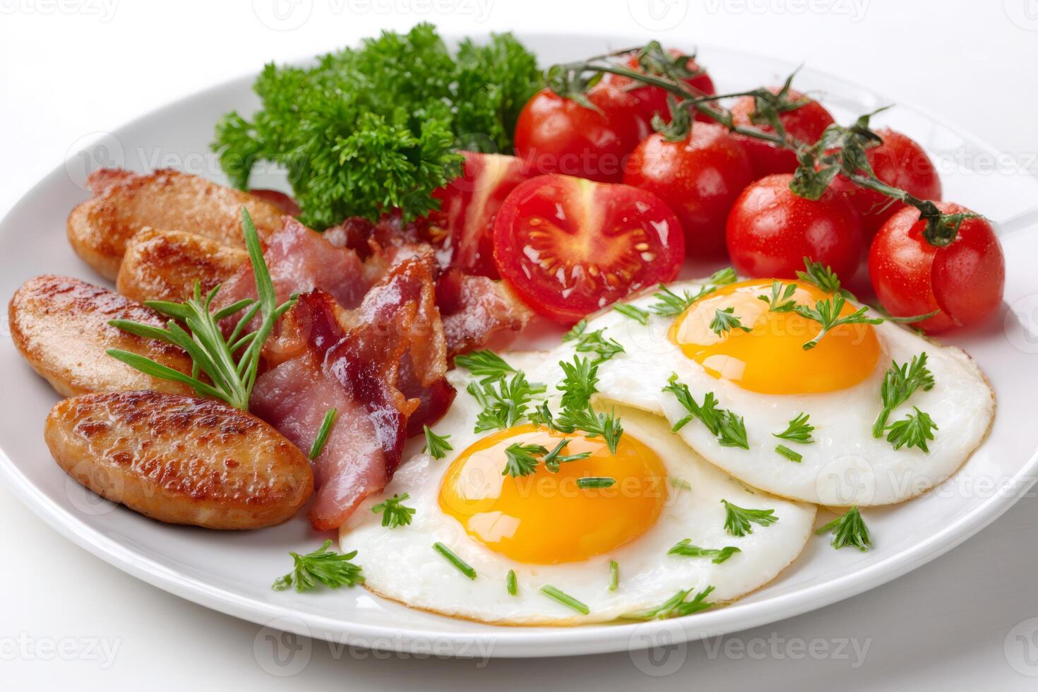 Tasty breakfast includes fried eggs, bacon, sausages, tomatoes and herbs served on a white plate photo