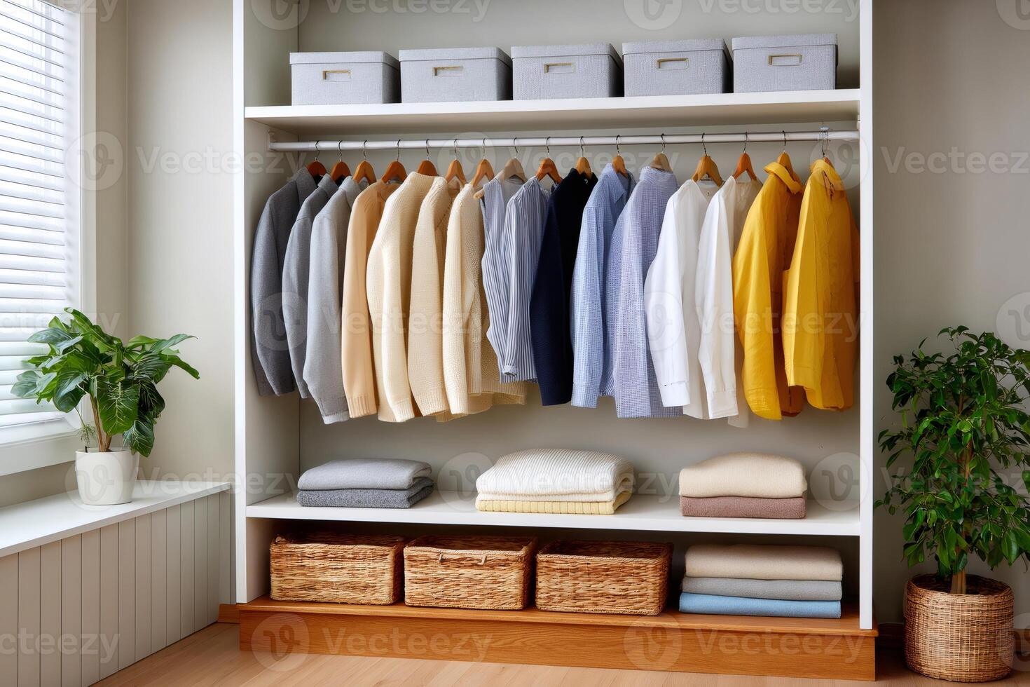 Modern wardrobe with clothes hanging and wicker baskets organizing shelves in a tidy room photo