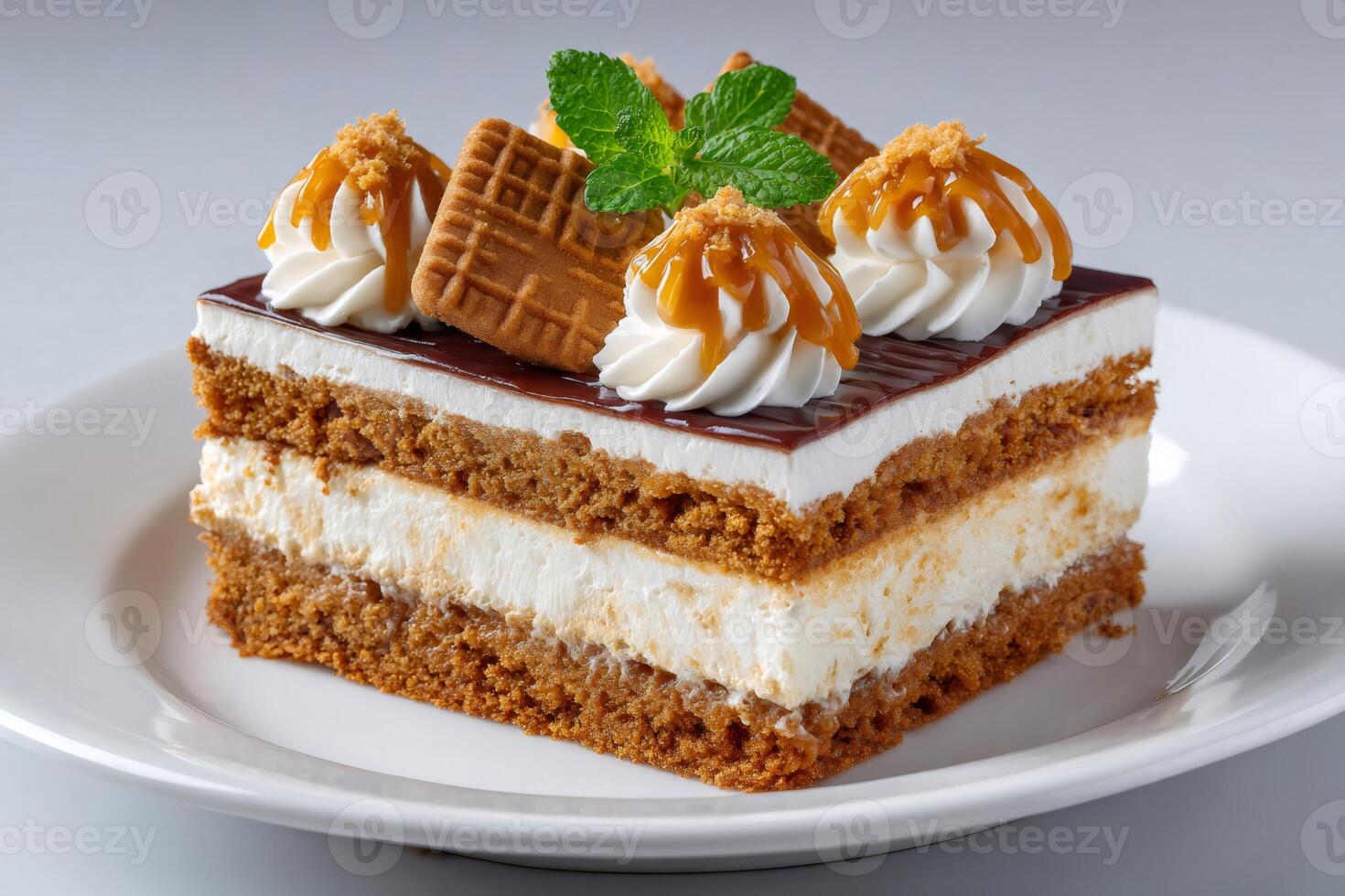 Honey cake slice with whipped cream, caramel sauce, chocolate and biscuits topping is waiting on white plate photo