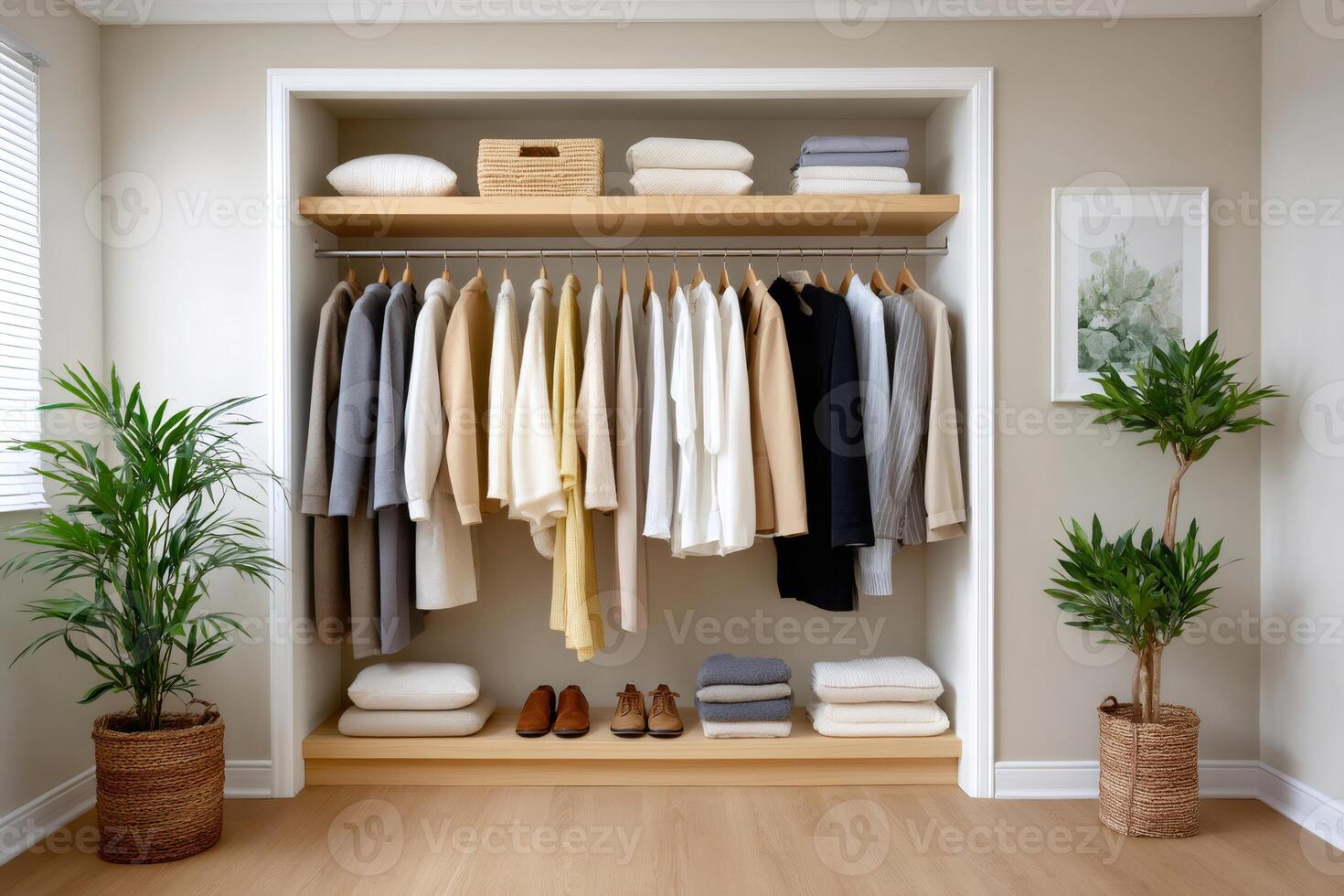 Modern minimalist wardrobe with hanging clothes and storage shelves in a cozy room photo