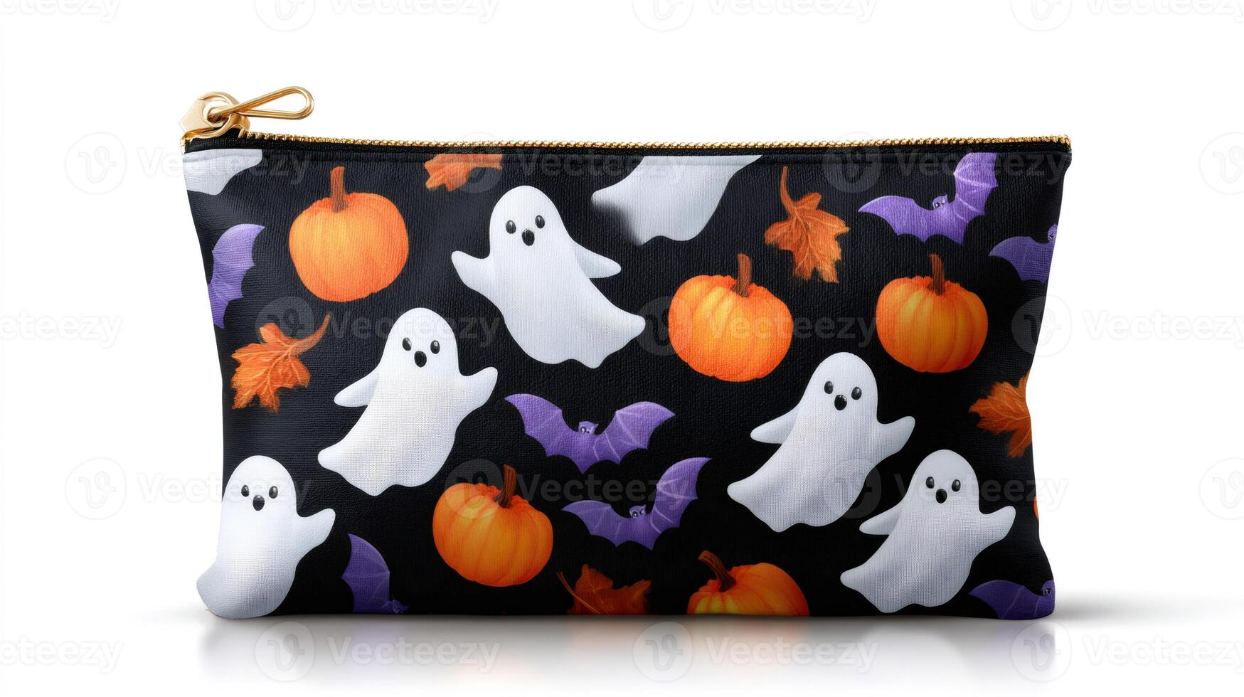 Black halloween cosmetic bag with ghosts, pumpkins and bats showing spooky design photo