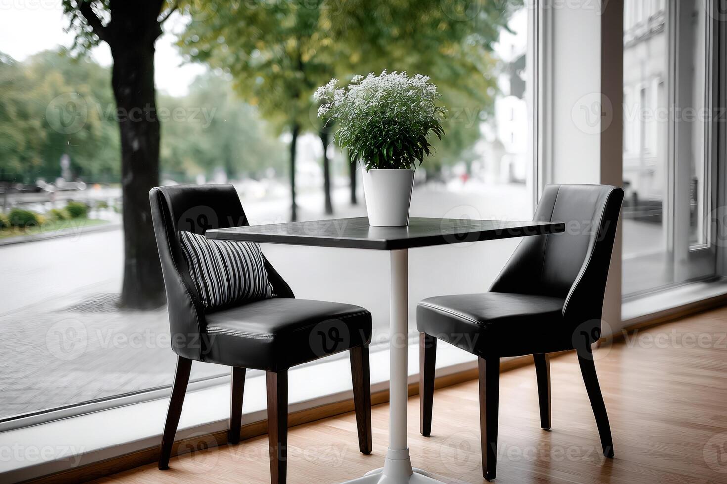 Empty table with two chairs inviting customers in a modern restaurant photo