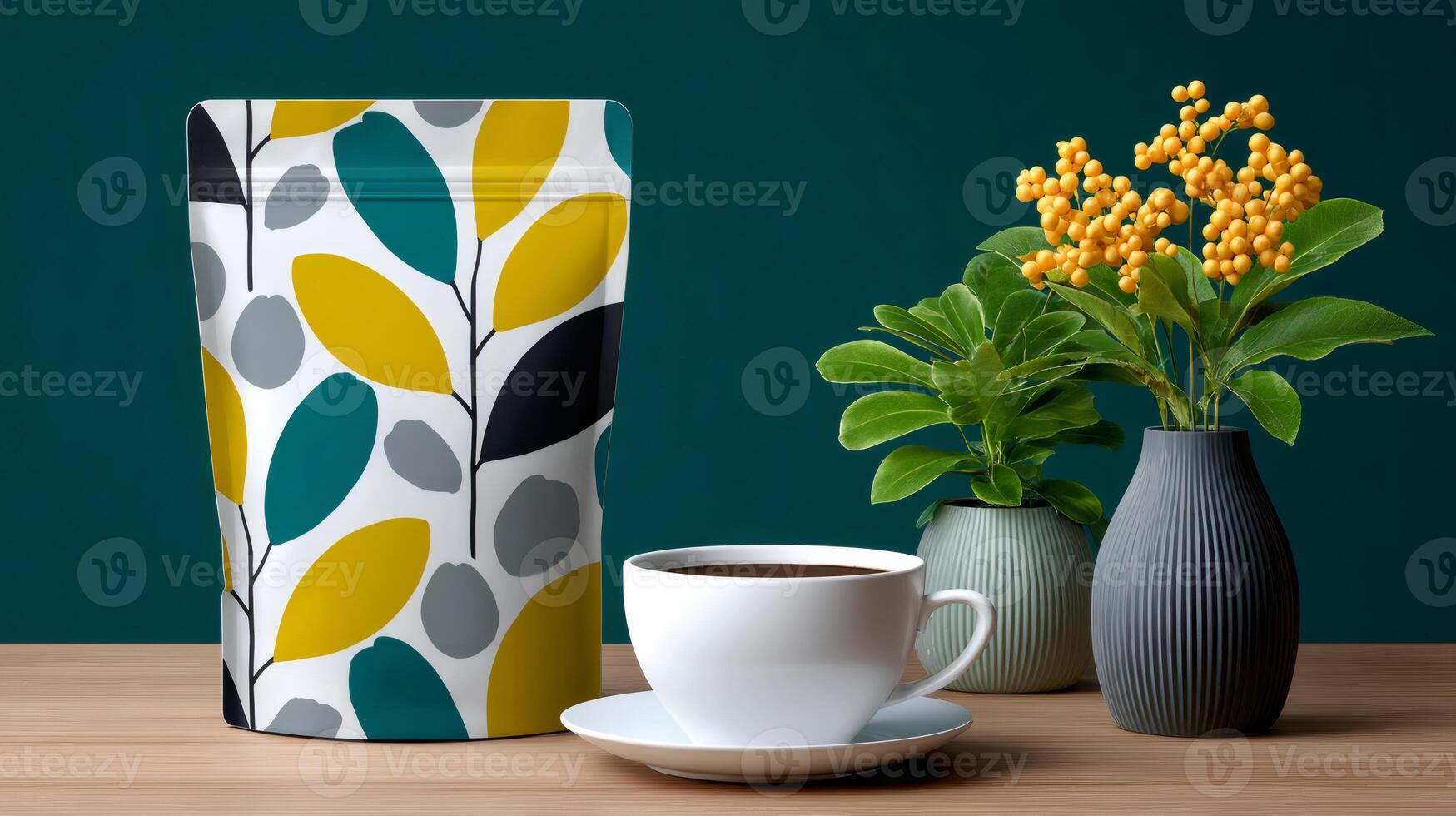 Doypack packaging mockup featuring a botanical pattern with coffee and plants photo