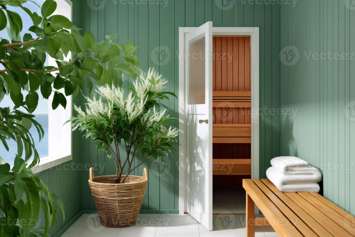 Bright and relaxing finnish sauna with open door showing wooden benches and white towels photo