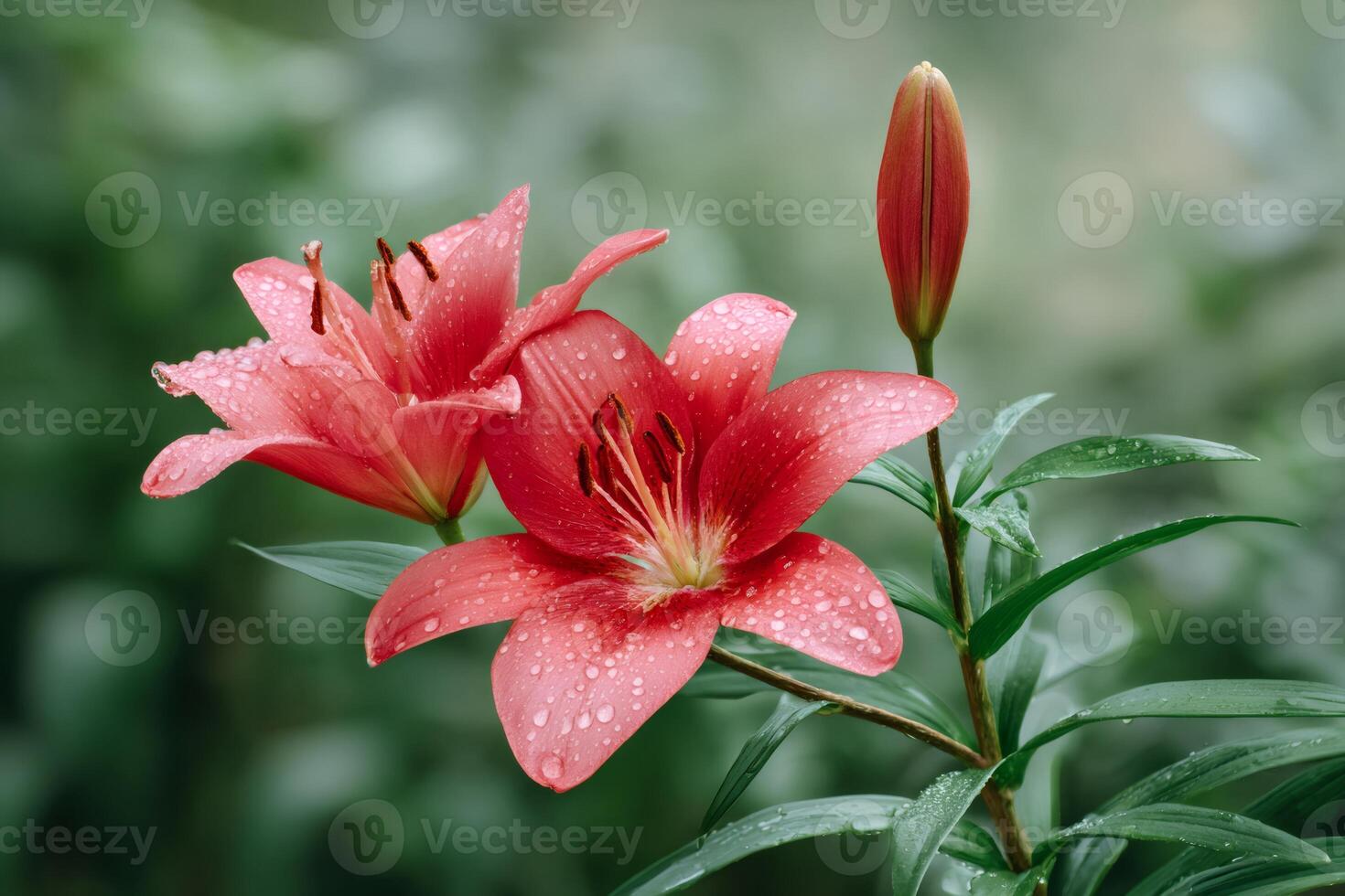 Two Blooming Lilies with Water Drops on Petals and Leaves photo