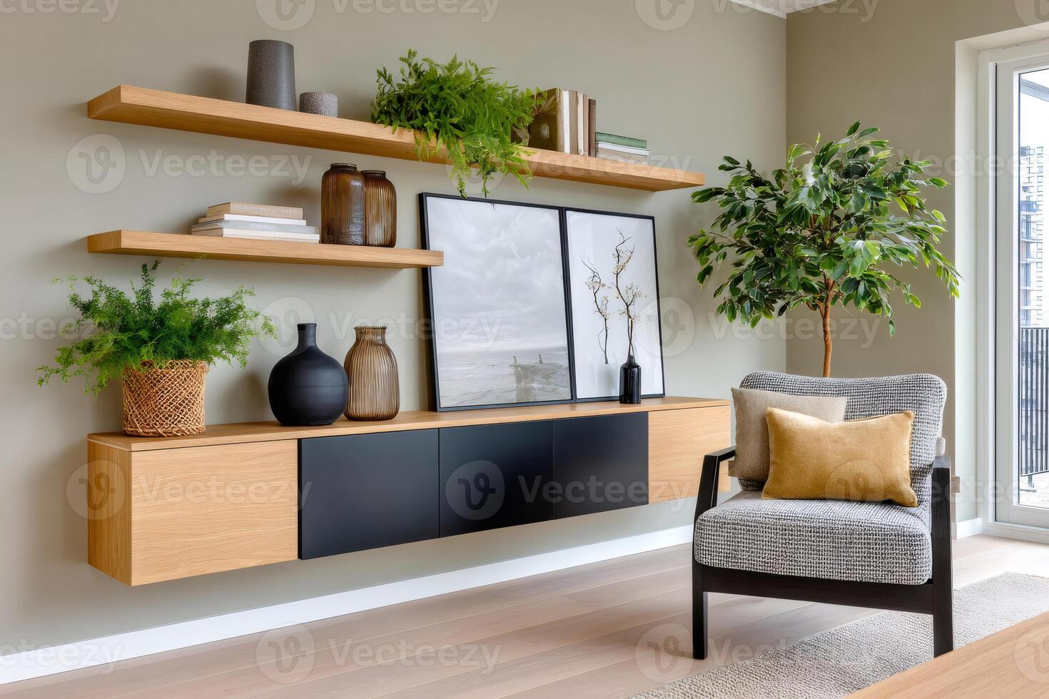 Stylish and relaxing modern living room interior with floating shelves, artwork, and indoor plants, creating a welcoming atmosphere photo