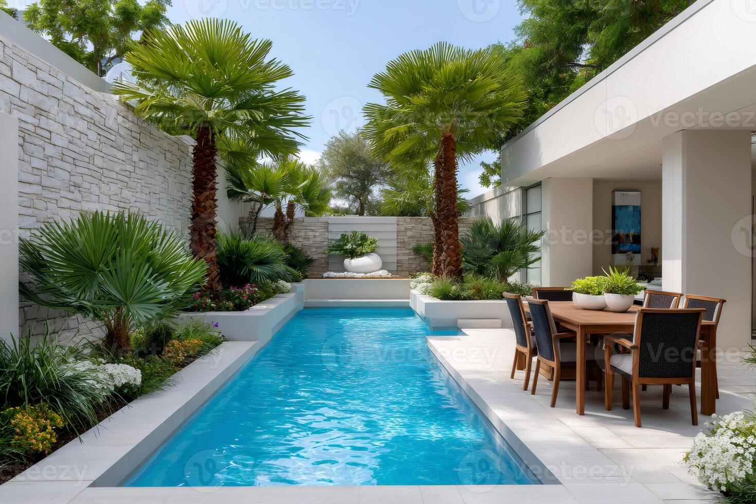 Modern lap pool surrounded by palm trees and lush vegetation photo